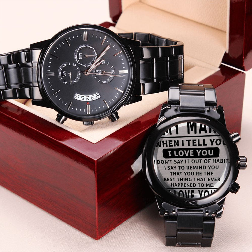 Black Chronograph Watch With Engraved Design For Husband - Carbone's Marketplace