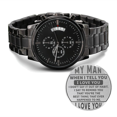 Black Chronograph Watch With Engraved Design For Husband - Carbone's Marketplace