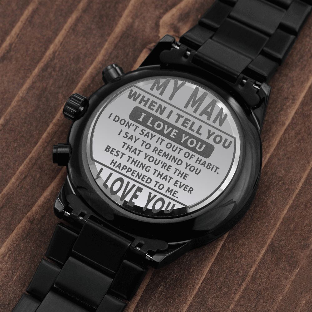 Black Chronograph Watch With Engraved Design For Husband - Carbone's Marketplace