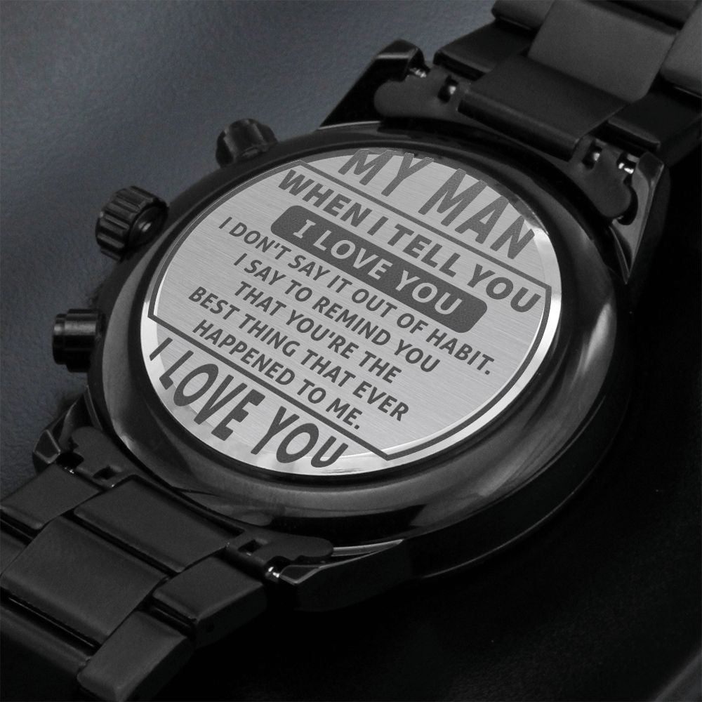 Black Chronograph Watch With Engraved Design For Husband - Carbone's Marketplace