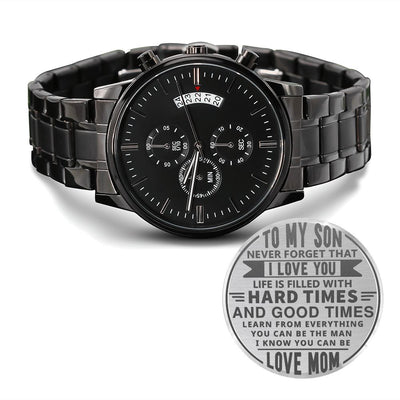 Black Chronograph Watch With Engraved Design For Son - Carbone's Marketplace