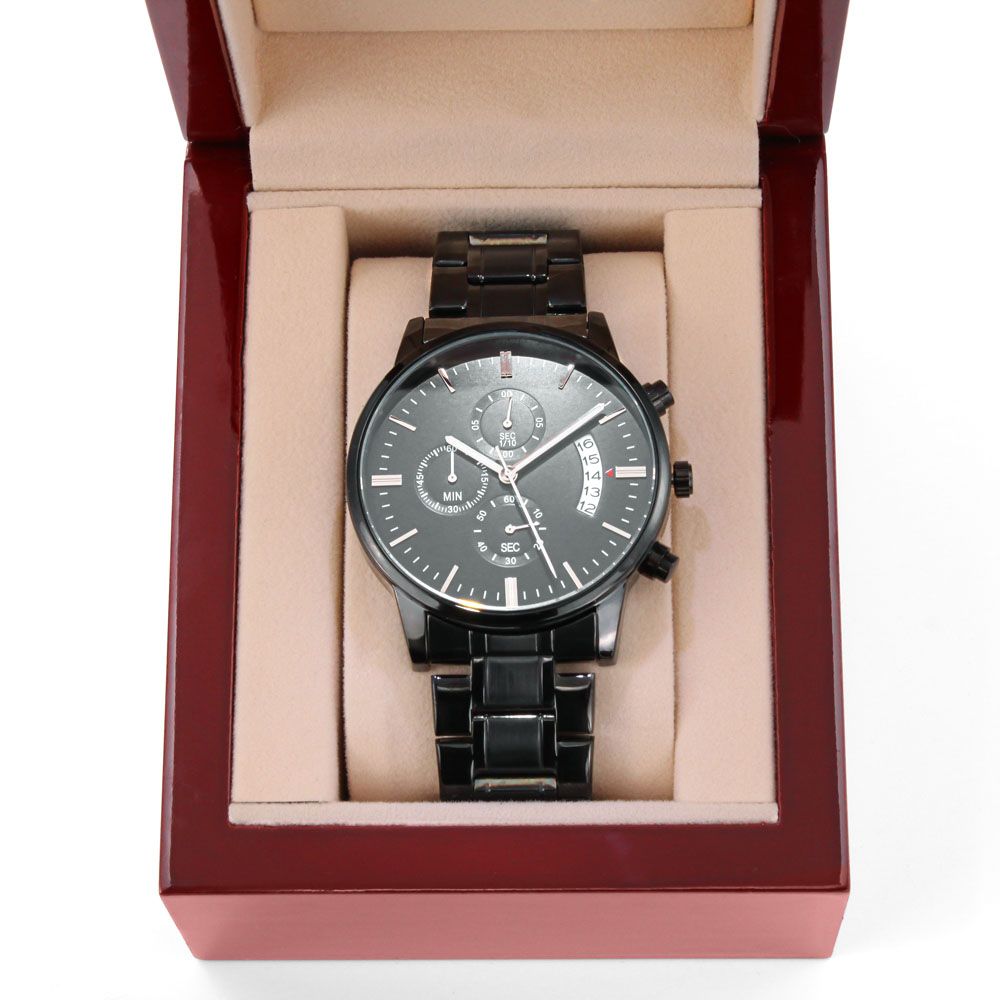 Black Chronograph Watch With Engraved Design For Son - Carbone's Marketplace