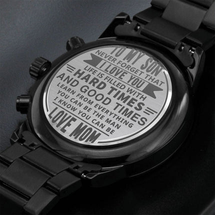 Black Chronograph Watch With Engraved Design For Son - Carbone's Marketplace