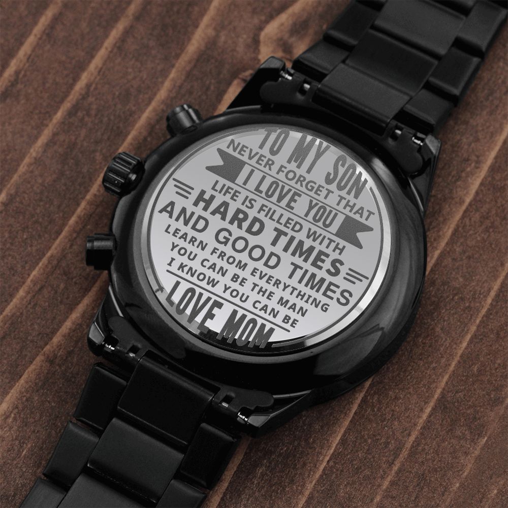 Black Chronograph Watch With Engraved Design For Son - Carbone's Marketplace