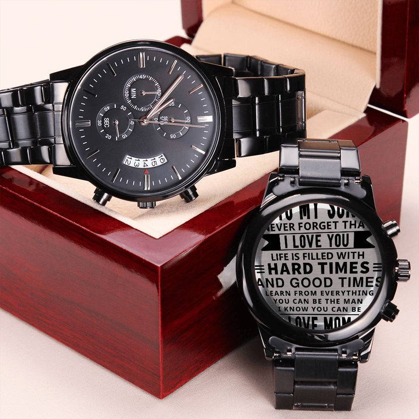 Black Chronograph Watch With Engraved Design For Son - Carbone's Marketplace