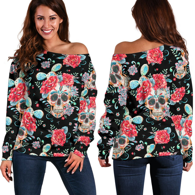 Black Flower Skull Off Shoulder Hoodie - Carbone&