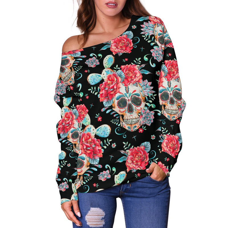 Black Flower Skull Off Shoulder Hoodie - Carbone&