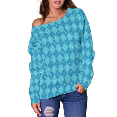Blue Argyle Womens Off Shoulder Sweater - Carbone's Marketplace
