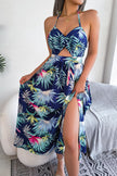 Botanical Print Tied Backless Cutout Slit Dress - Carbone's Marketplace