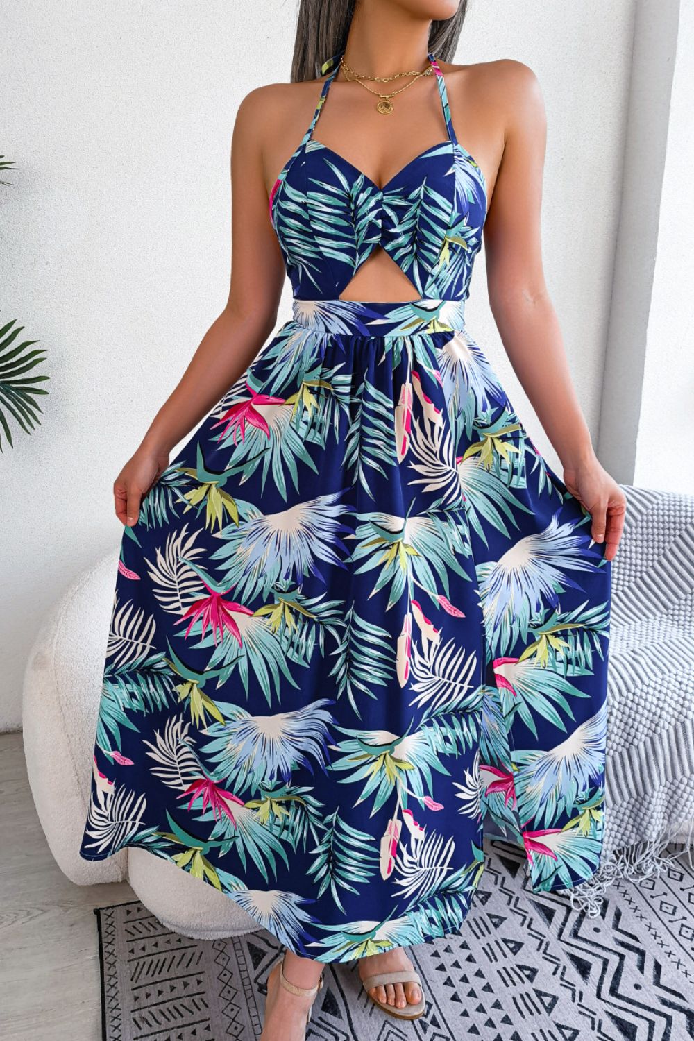 Botanical Print Tied Backless Cutout Slit Dress - Carbone's Marketplace