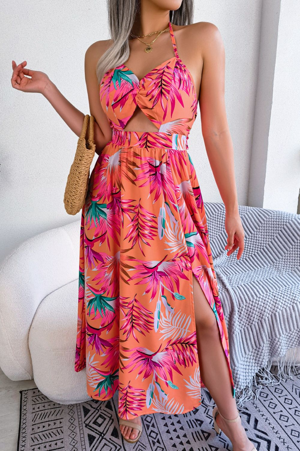 Botanical Print Tied Backless Cutout Slit Dress - Carbone's Marketplace