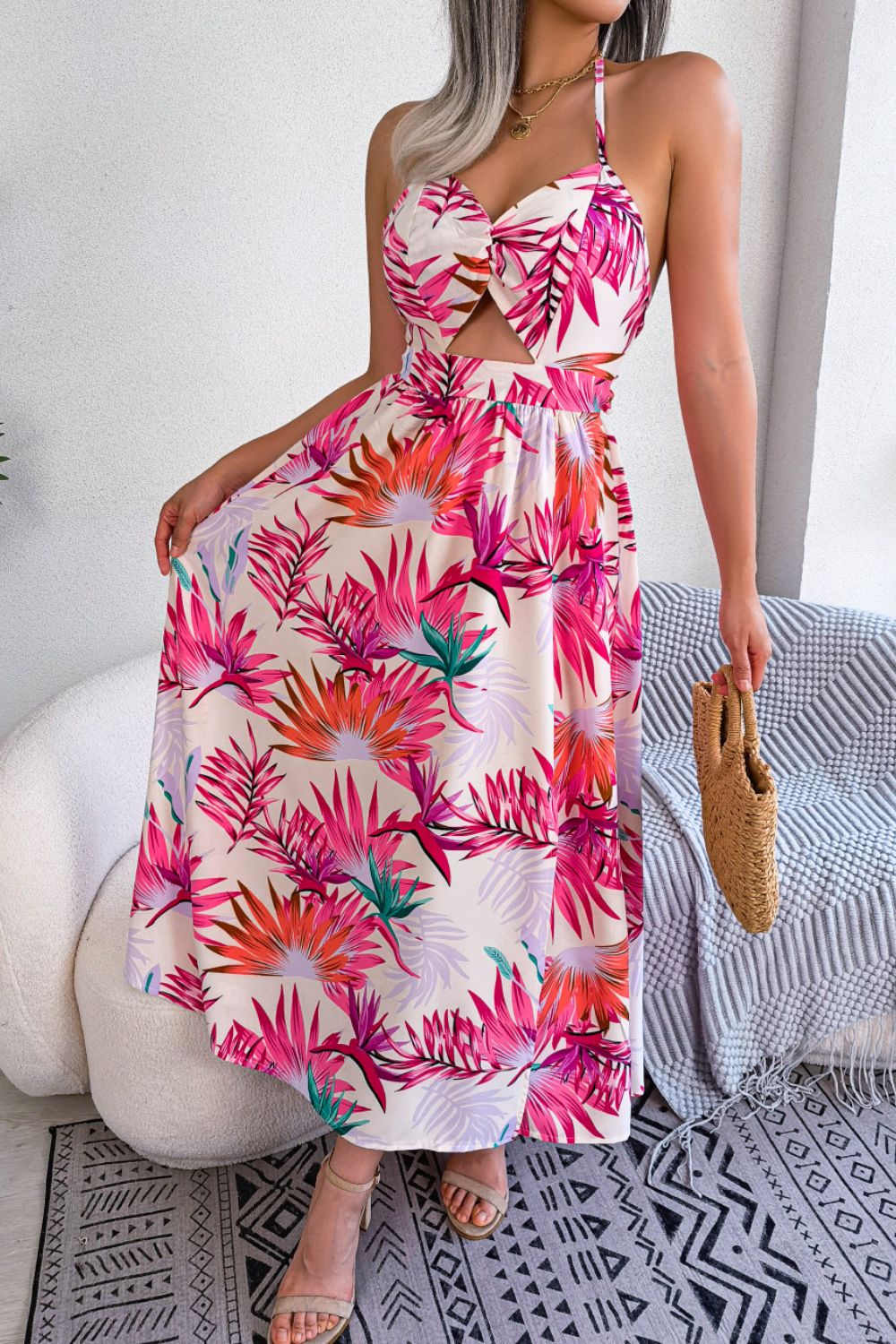 Botanical Print Tied Backless Cutout Slit Dress - Carbone's Marketplace