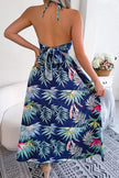 Botanical Print Tied Backless Cutout Slit Dress - Carbone's Marketplace