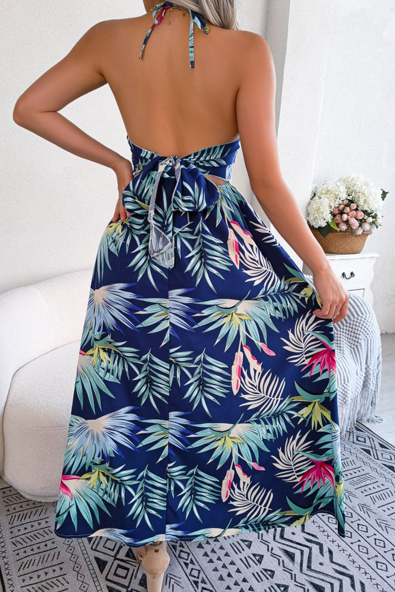 Botanical Print Tied Backless Cutout Slit Dress - Carbone&