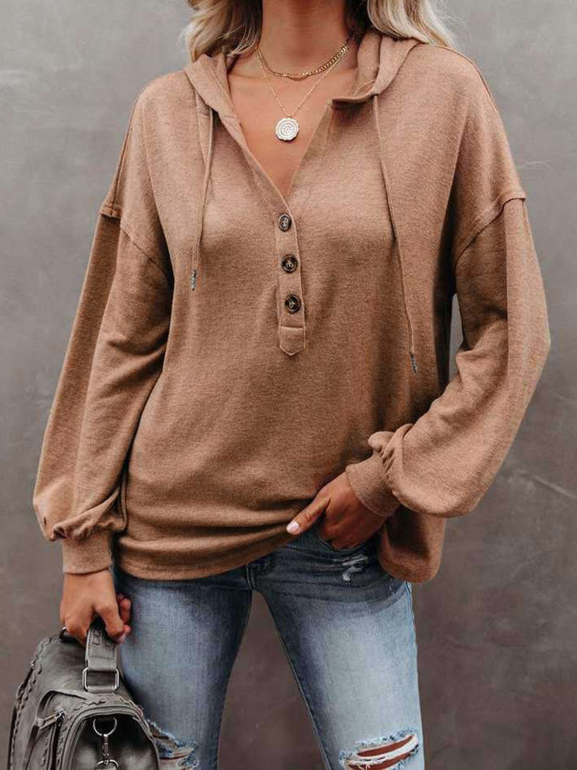 Buttoned Drop Shoulder Hoodie - Carbone's Marketplace