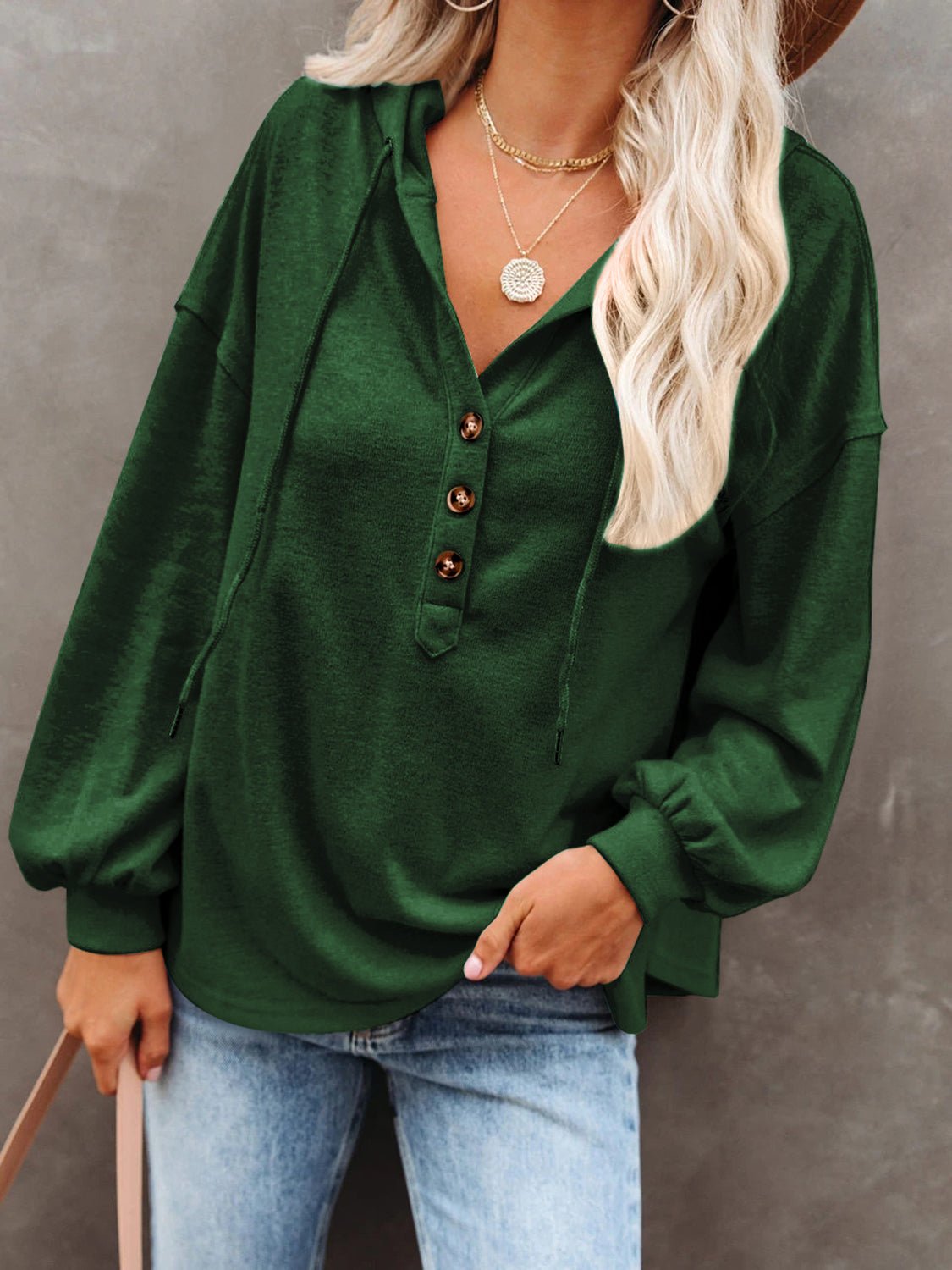 Buttoned Drop Shoulder Hoodie - Carbone's Marketplace