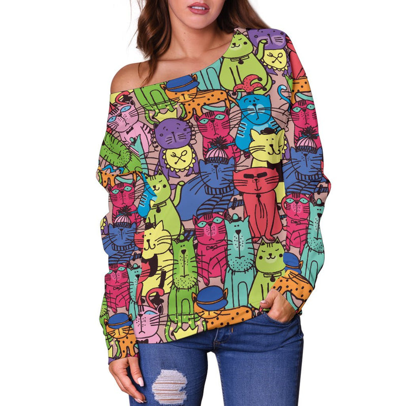 Cartoon Cat Off Shoulder Hoodie - Carbone&