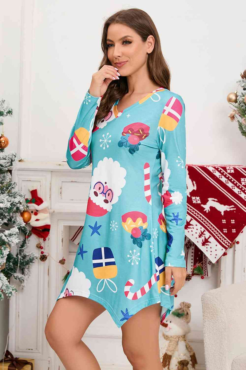 Christmas Element V-Neck Long Sleeve Mini Dress - Carbone&