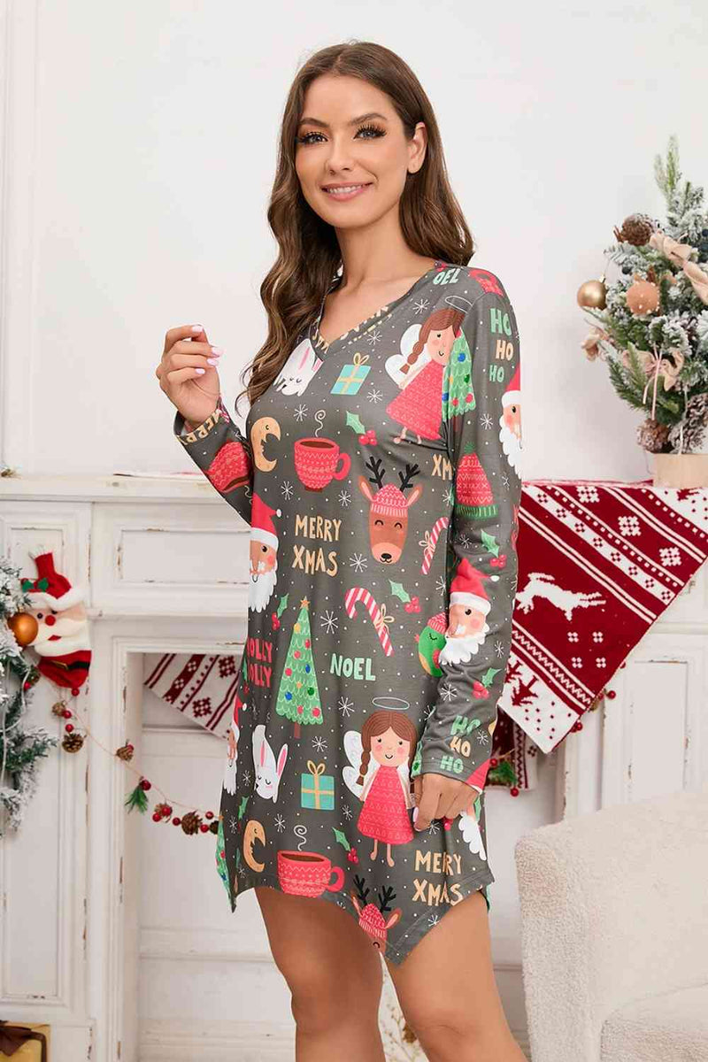 Christmas Element V-Neck Long Sleeve Mini Dress - Carbone&