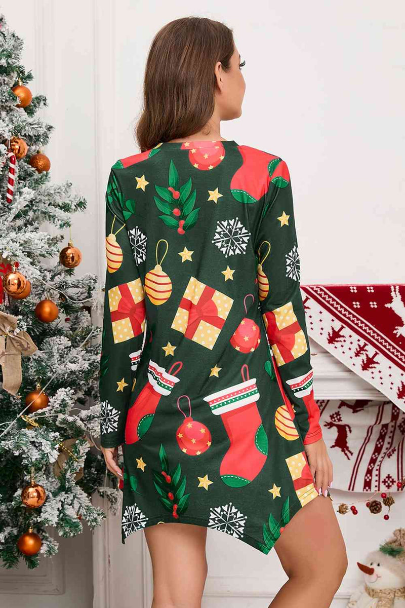 Christmas Element V-Neck Long Sleeve Mini Dress - Carbone&