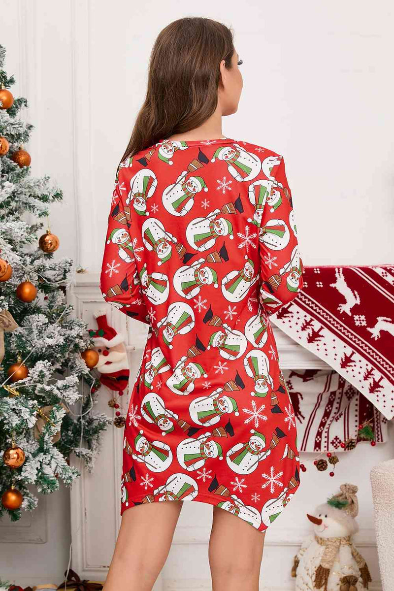 Christmas Element V-Neck Long Sleeve Mini Dress - Carbone&