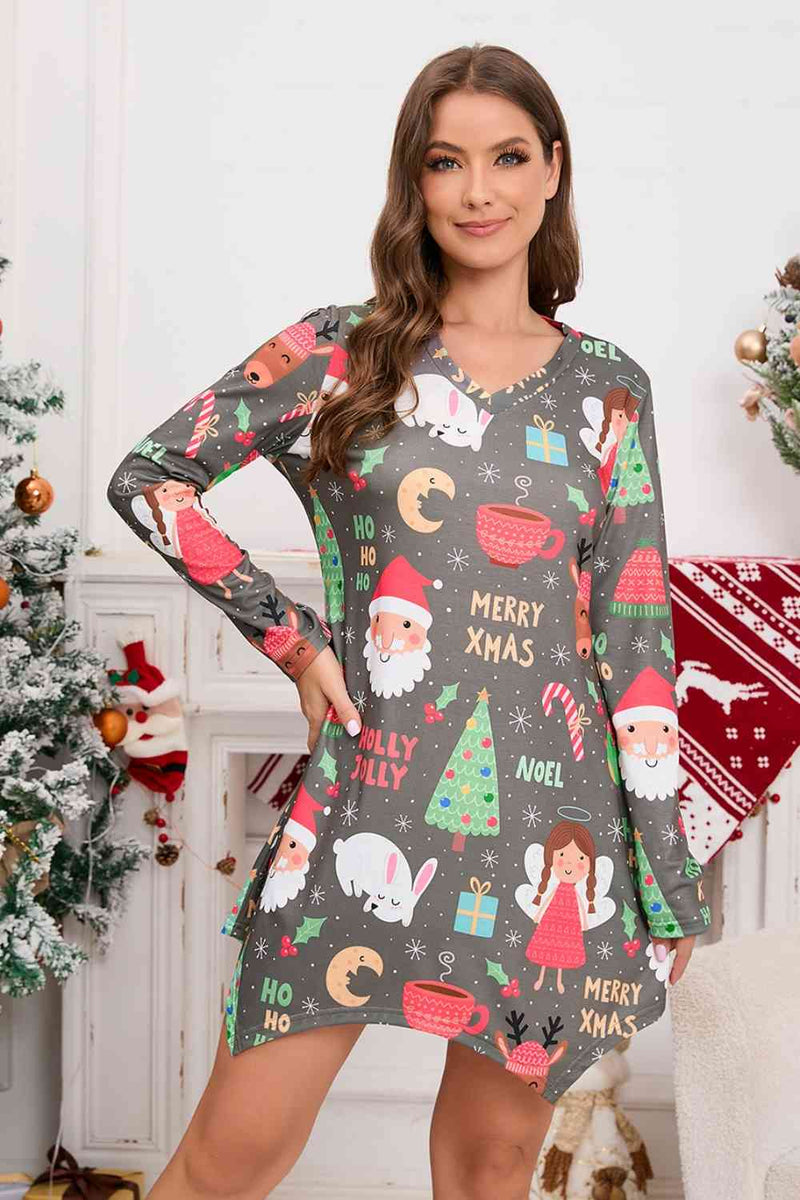 Christmas Element V-Neck Long Sleeve Mini Dress - Carbone&