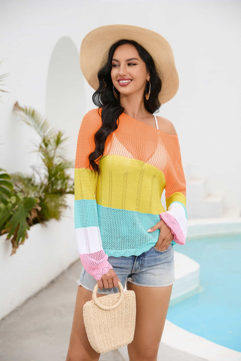 Color Block Boat Neck Sheer Cover Up - Carbone&