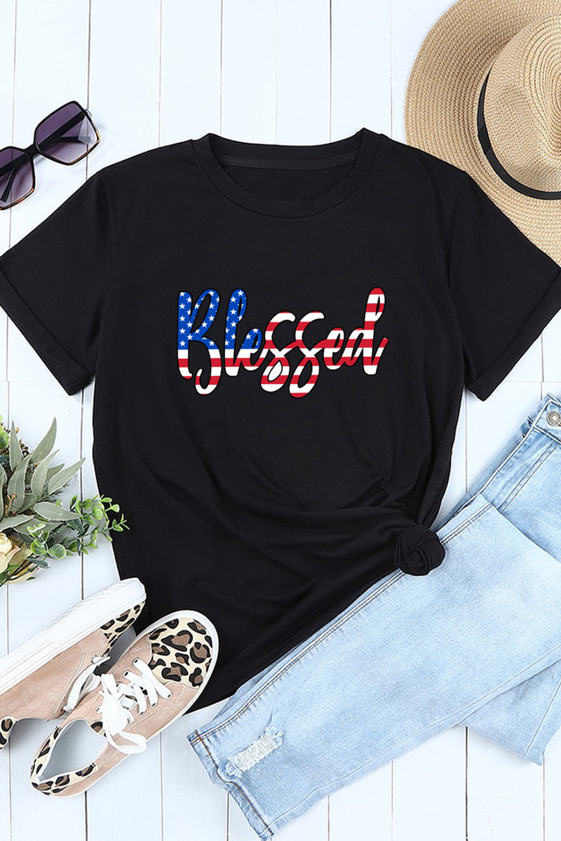 USA Flag Colored BLESSED Round Neck Tee