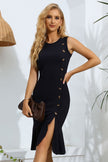 Decorative Button Split Ribbed Sleeveless Knit Dress - Carbone's Marketplace