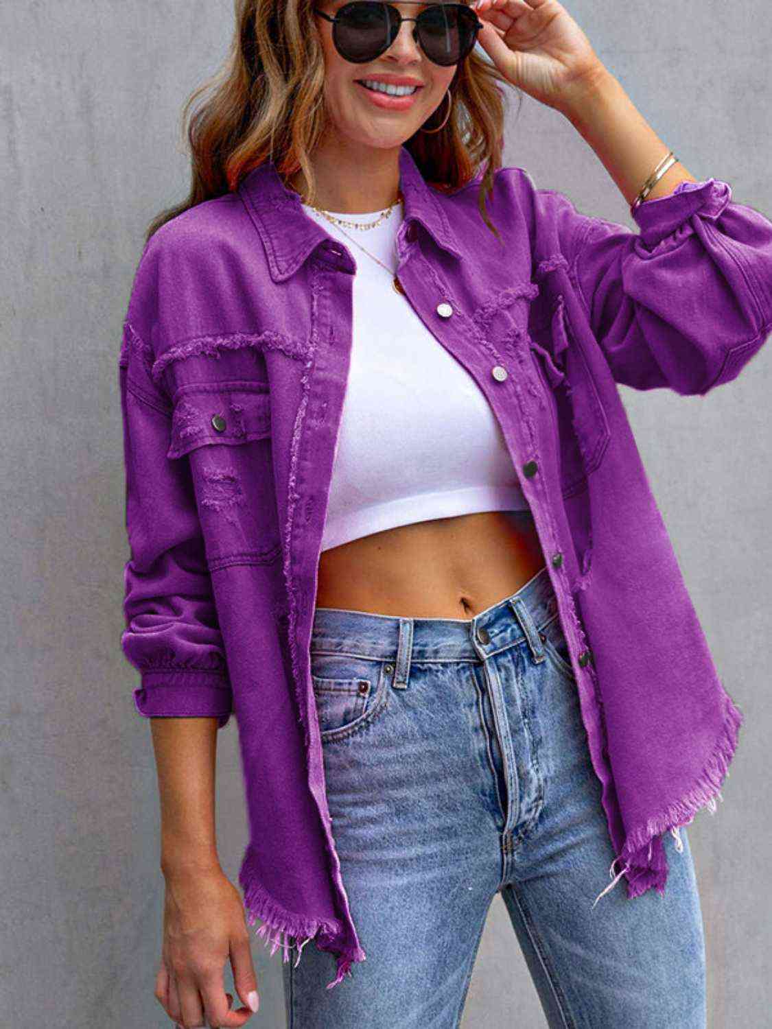 Distressed Drop Shoulder Denim Jacket - Carbone's Marketplace