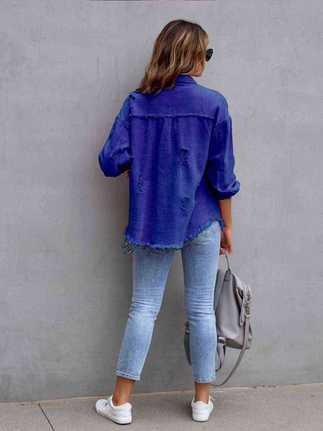 Distressed Drop Shoulder Denim Jacket - Carbone's Marketplace