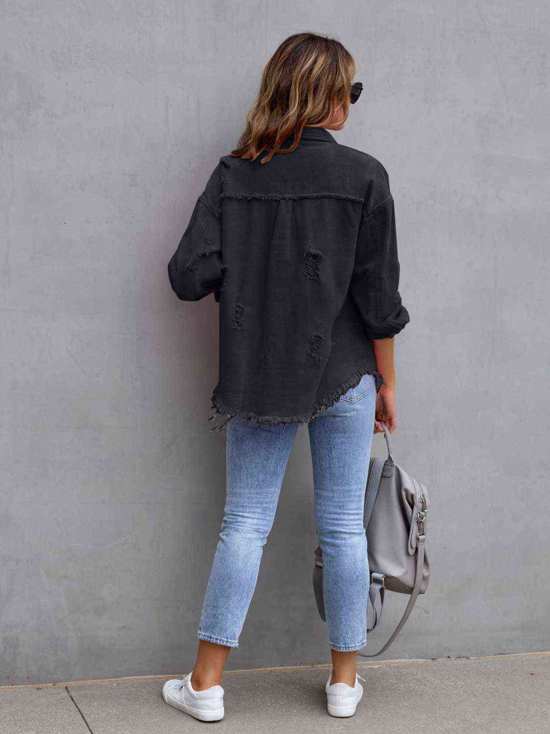 Distressed Drop Shoulder Denim Jacket - Carbone's Marketplace