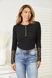 Double Take Crochet Lace Hem Sleeve Button Top - Carbone's Marketplace