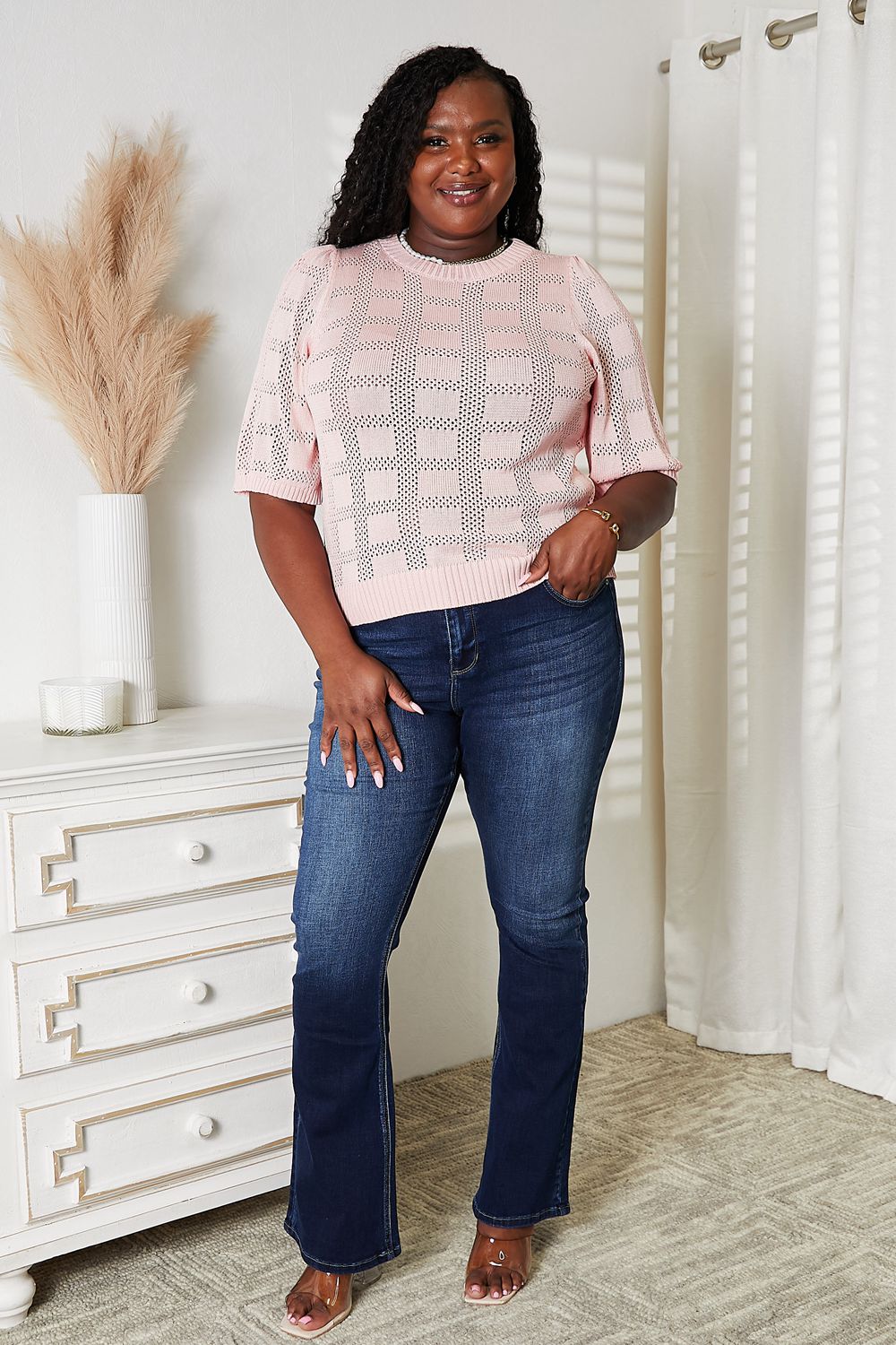 Double Take Ribbed Trim Round Neck Knit Top - Carbone's Marketplace