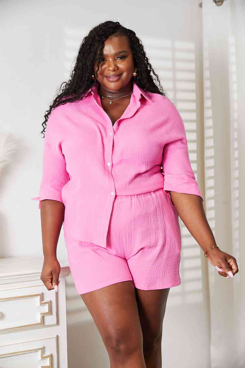 Double Take Textured Shirt and Elastic Waist Shorts with Pockets - Carbone's Marketplace