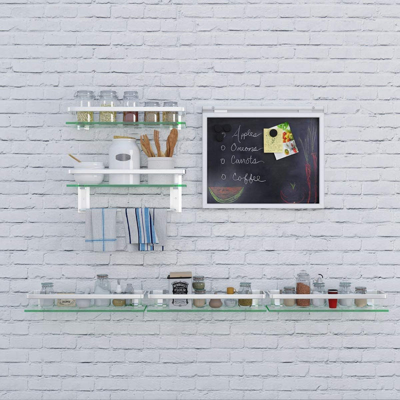 Wall Mounted Floating Glass Shelves 2 Tier with Towel Holder shown on wall with other glass shelving- carbonesmarketplace.com