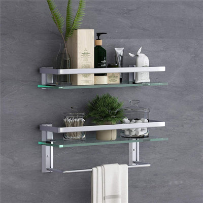 Wall Mounted Floating Glass Shelves 2 Tier with Towel Holder mounted on wall