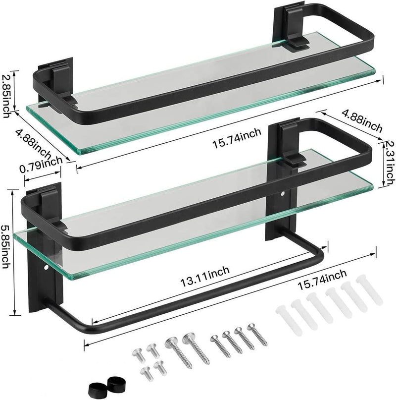 Wall Mounted Floating Glass Shelves 2 Tier with Towel Holder