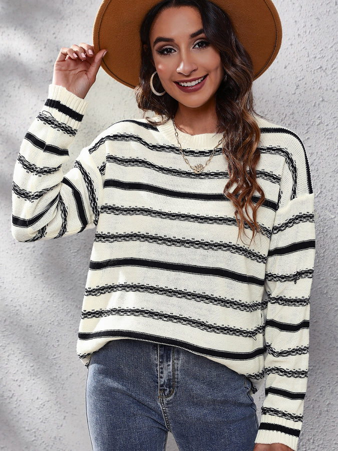 Striped Round Neck Dropped Shoulder Sweater