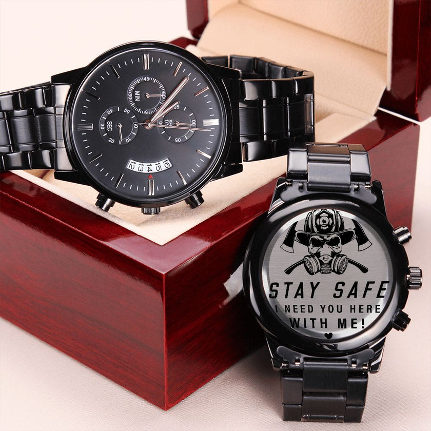 Engraved Design Black Chronograph Watch- Fireman Stay Safe - Carbone's Marketplace