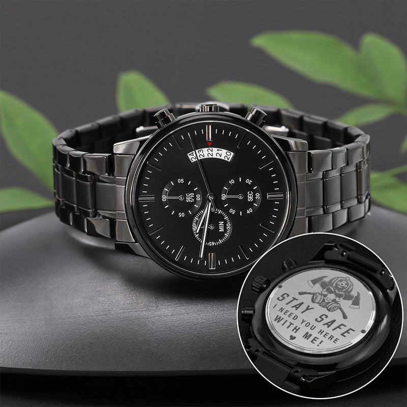 Engraved Design Black Chronograph Watch- Fireman Stay Safe - Carbone&