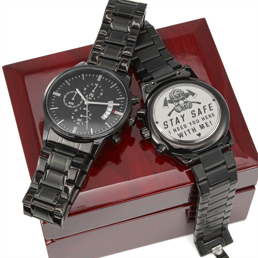 Engraved Design Black Chronograph Watch- Fireman Stay Safe - Carbone's Marketplace