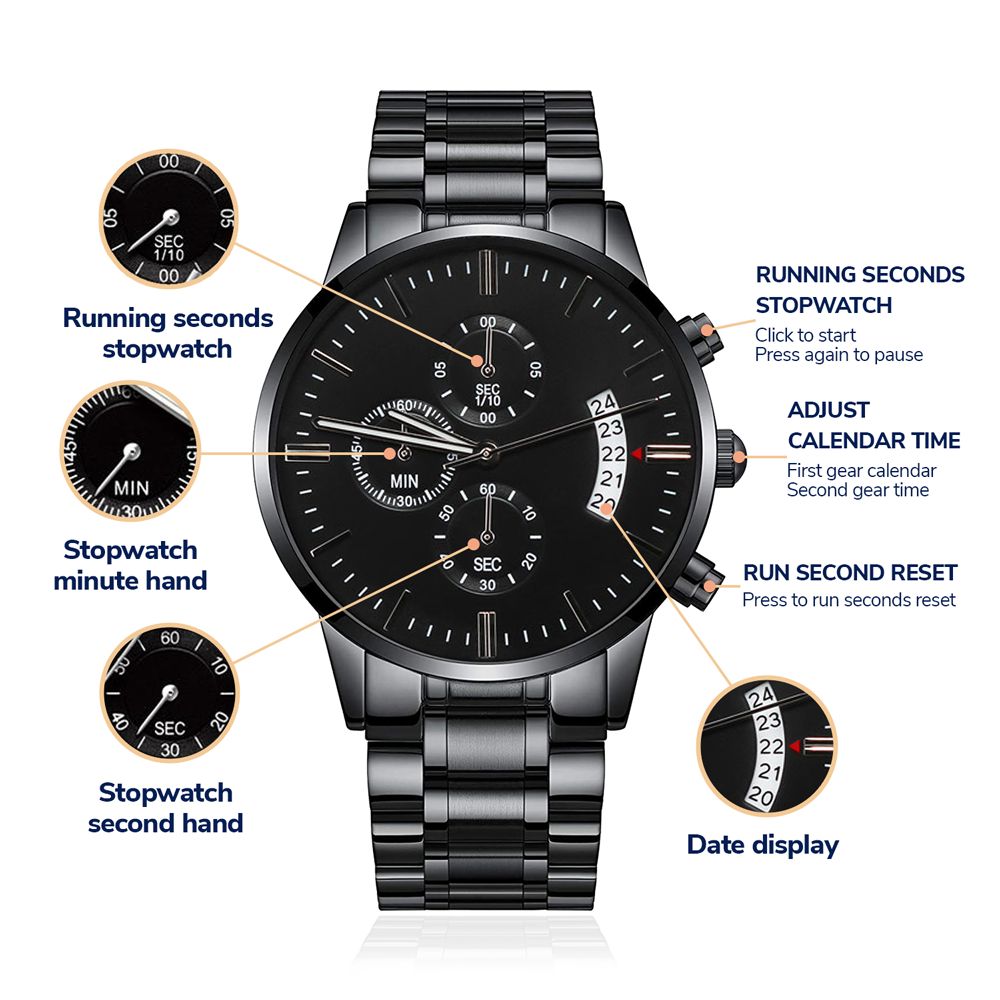 Engraved Design Black Chronograph Watch- Fireman Stay Safe - Carbone's Marketplace