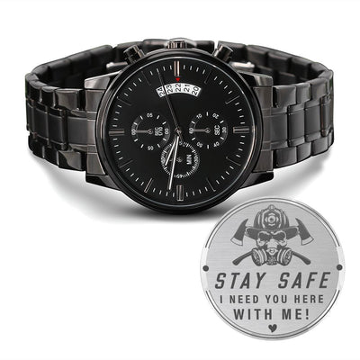 Engraved Design Black Chronograph Watch- Fireman Stay Safe - Carbone's Marketplace