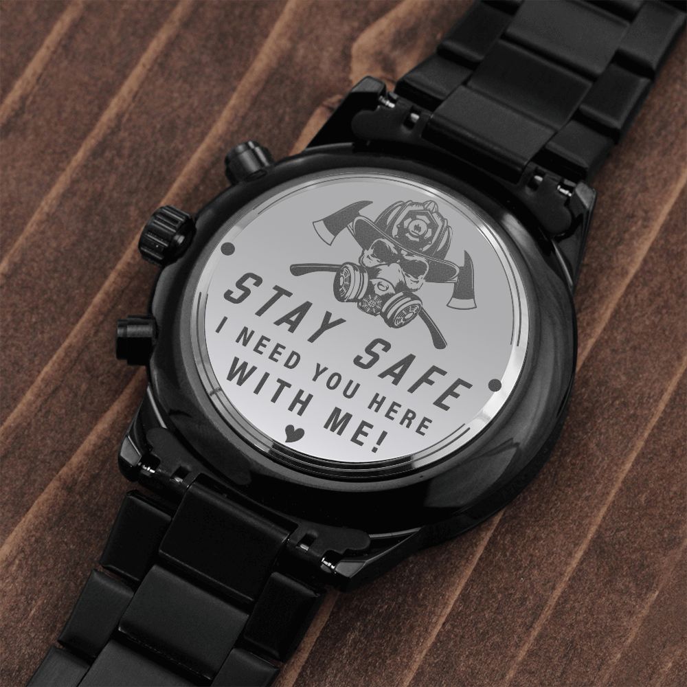 Engraved Design Black Chronograph Watch- Fireman Stay Safe - Carbone's Marketplace