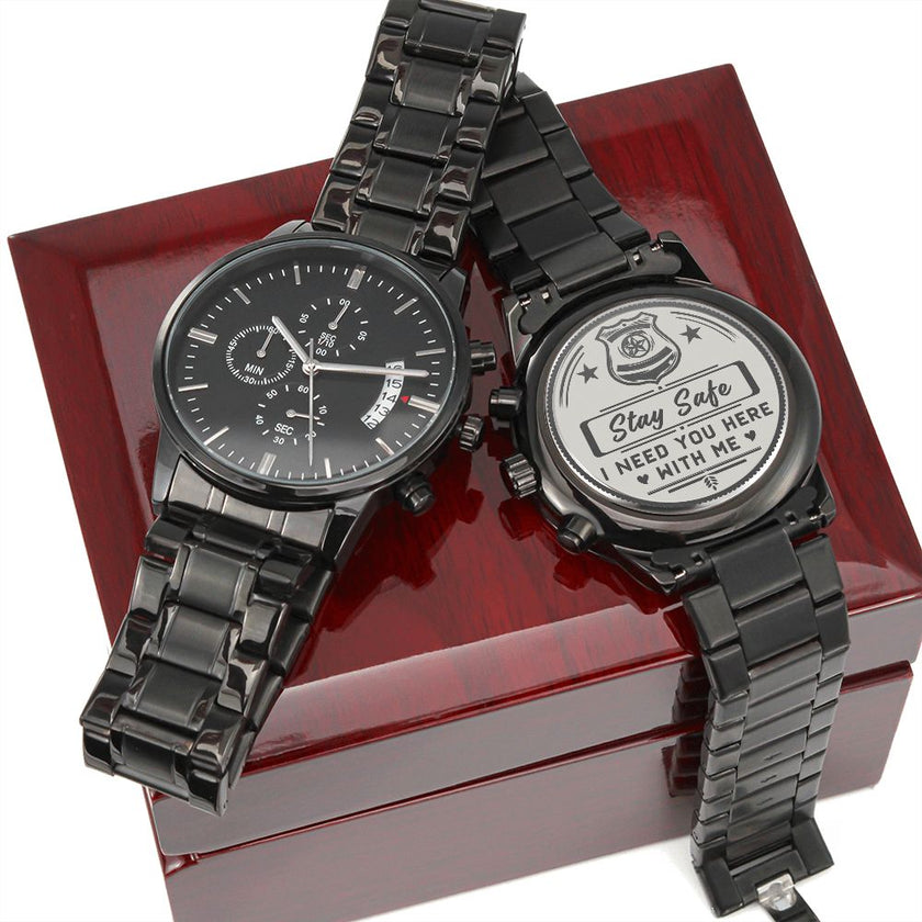Engraved Design Black Chronograph Watch- Police Stay Safe - Carbone's Marketplace