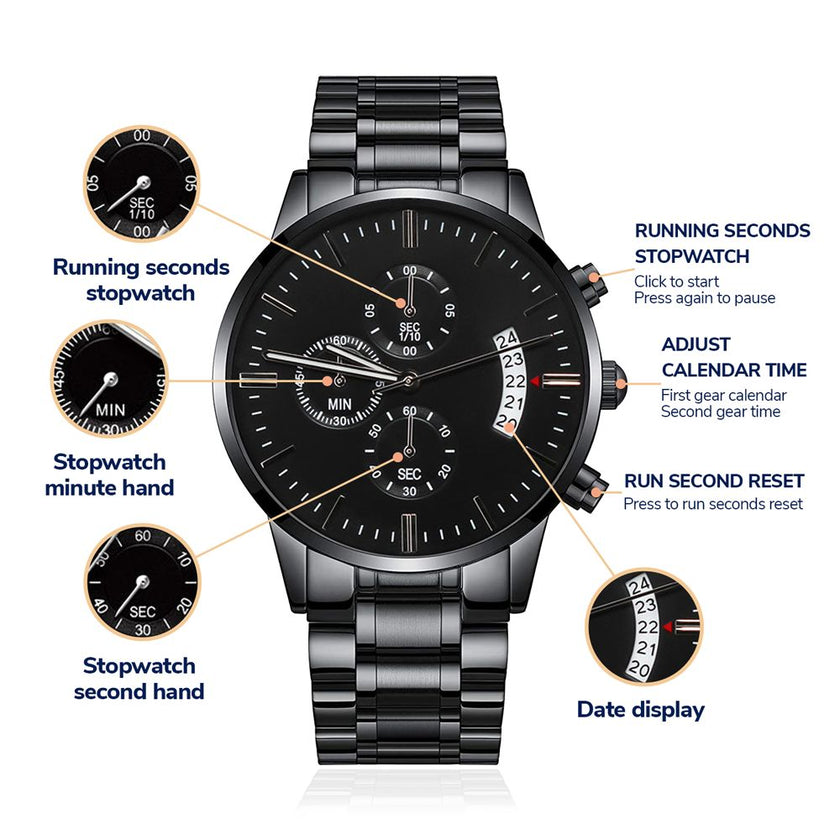 Engraved Design Black Chronograph Watch- Police Stay Safe - Carbone's Marketplace