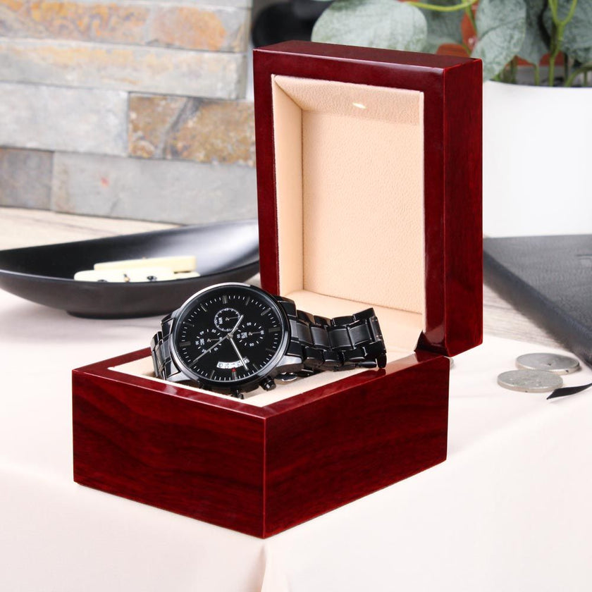 Engraved Design Black Chronograph Watch- Police Stay Safe - Carbone's Marketplace