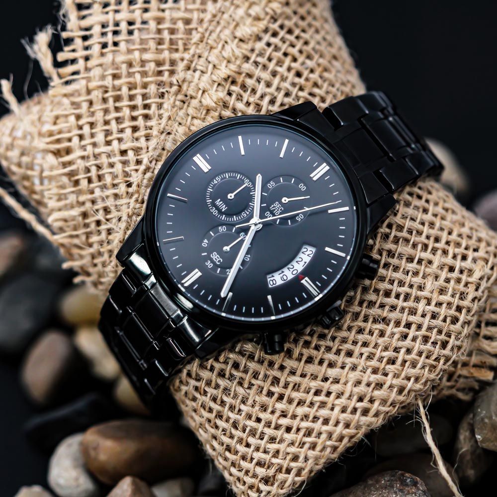 Engraved Design Black Chronograph Watch- Police Stay Safe - Carbone's Marketplace