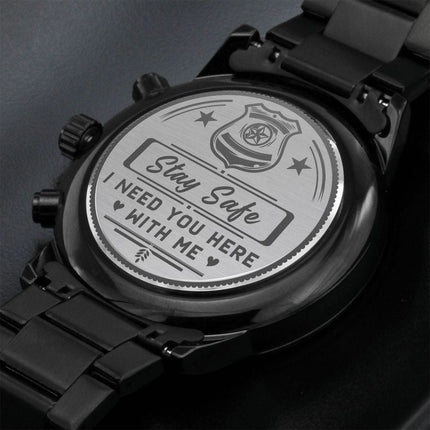 Engraved Design Black Chronograph Watch- Police Stay Safe - Carbone's Marketplace